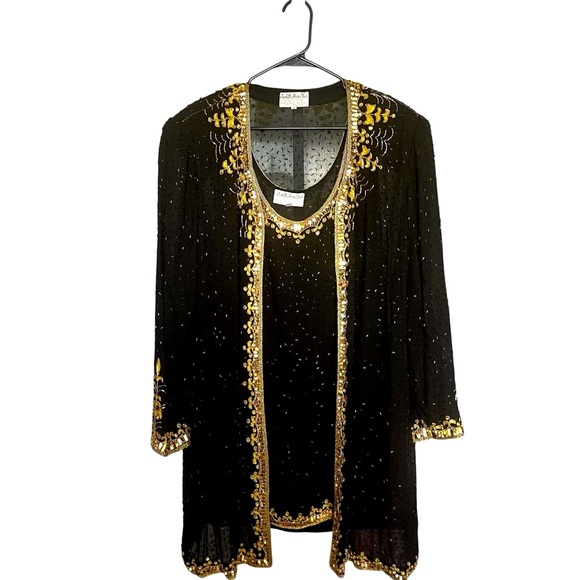 Judith Ann Plus VTG Beaded Cardigan Set BLK/Gold SZ 2X  Retro Party Holiday - Picture 1 of 12